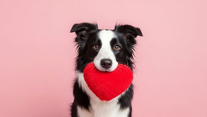 Fototapeta premium Black and white border collie holding red heart in mouth with cute expression in soft pastel pink background for valentines day greeting card