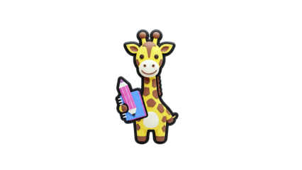 Cute Giraffe Holding Pencil and Notebook on White Background