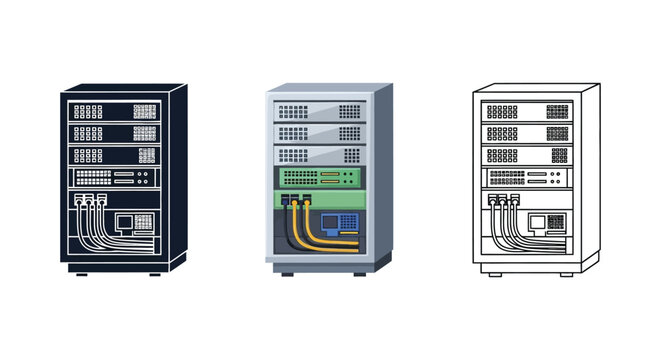 Set of three server rack icons in solid, color, and outline styles