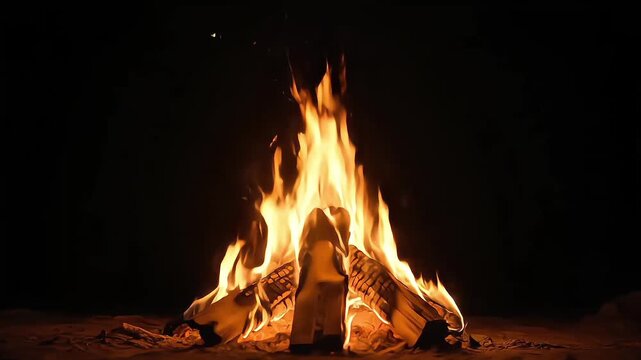 A vibrant bonfire burning brightly at night, with warm orange and yellow flames illuminating the dark surroundings.