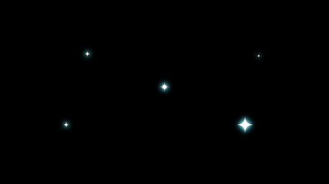 Twinkle glitter stars motion graphics, white cartoon doodle sparkles, flat vector blinking light animation, glowing stars on transparent black screen, 4K festive video