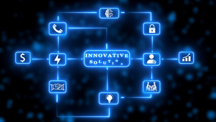 Innovative Solution Business Technology Network Diagram with Icons and Blue Neon Lights graphic design