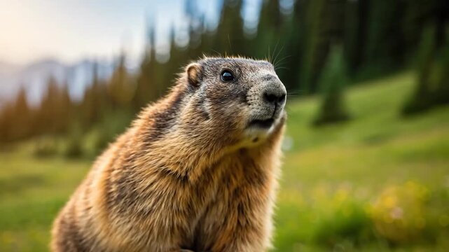 A marmot sits on a rock, looking around in a mountain meadow with pine trees in the background.