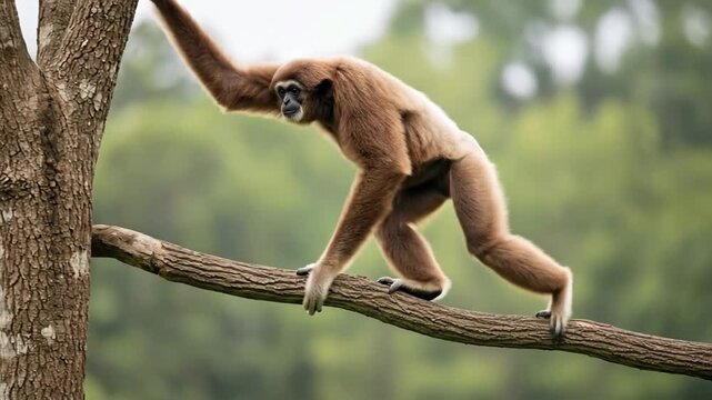 A light brown gibbon walks carefully along a thick tree branch in a natural forest environment.