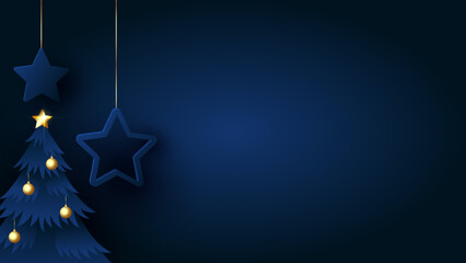 Navy card with christmas tree and stars. Dark winter background