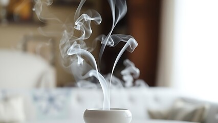 soliloquy. White smoke rising from a simple ceramic incense burner in soft indoor light. event programs, museum guides, designed for cultural heritage projects and event programs, supports education.