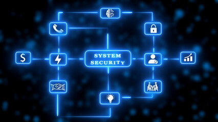 System Security Network Flowchart with Icons and Neon Blue Connections on Dark Background diagram