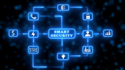 Smart Security Network Flowchart with Icons and Neon Blue Connections on Dark Background diagram
