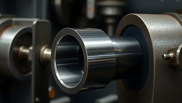 mandrel. A conical metal lathe mandrel rotating with an unfinished tube sleeve fitted over it. safety posters, maintenance manuals, designed for precision metalworking and fabrication facilities.