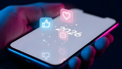 Smartphone displaying 2026 social media icons and notifications