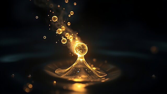 submicroscopic. A single, complex, glowing molecule emerges from a dark, primordial aqueous solution, symbolizing the spark of life. STEM education sheets.