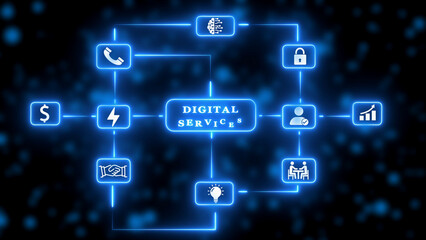 Digital Services Network Flowchart with Icons and Neon Blue Connections on Dark Background diagram
