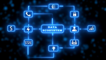 Digital Data Ecosystem Network with Icons and Connections on Dark Background Keywords: data ecosystem, network, digital, technology, connection, information, system, data, business, finance