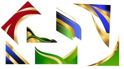 PNG image of Collection of abstract luxury corner border designs featuring elegant red blue green and gold wave accents for formal invitations on white background