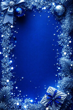 Luxury Blue and Silver Christmas Frame Background with Glitter Border, Festive Ornament Blank Flyer with premium quality high resolution Blue and Sliver colors and gift box and ribbon