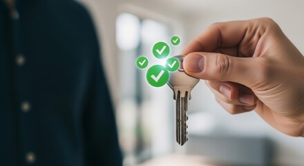 A person in a dark blazer offers a key with green checkmarks, symbolizing success and completion, against a blurred background inside a modern office.