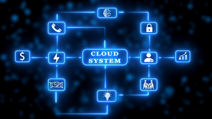 Digital Cloud System Network with Icons and Connections on Dark Background Keywords: cloud system, network, digital, technology, connection, information, system, data, business, finance