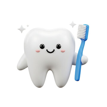 Cute smiling tooth character holding toothbrush representing oral hygiene education, dental care awareness and friendly healthcare mascot concept, isolated on a transparent background, png, cutout