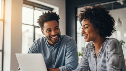 Black professionals in casual attire collaborate at a laptop, smiling and engaged in conversation near a large window with city views.