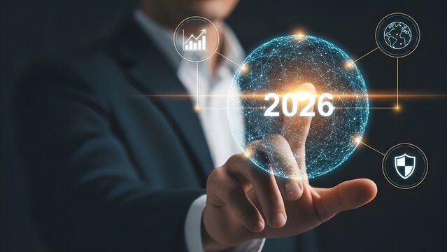Man Touches Futuristic Globe with Year 2026 for Global Connectivity - Powered by Adobe
