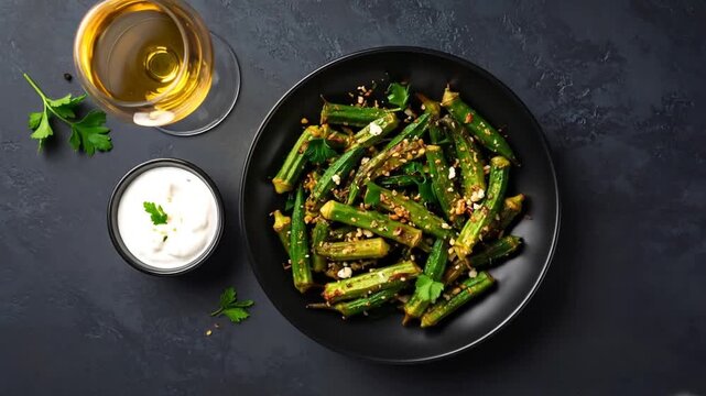 Roasted okra with white wine with table setting.
