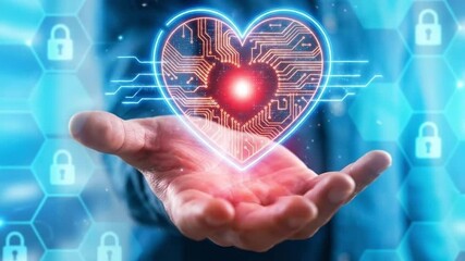 Digital heart with circuit board pattern held in hand against blue background with security padlocks - Powered by Adobe