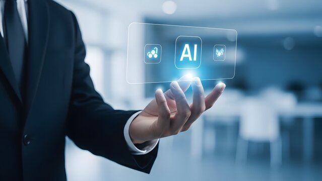 Man Gesturing Towards AI Icons for Artificial Intelligence Integration - Powered by Adobe