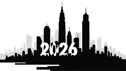 Obraz premium Black 2026 city skyline silhouette seamless pattern for urban New Year designs