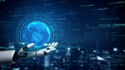 A futuristic robot hand holds a digital representation of Earth against a backdrop of flowing computer code, symbolizing the fusion of technology and global data interaction. Xenic - Powered by Adobe