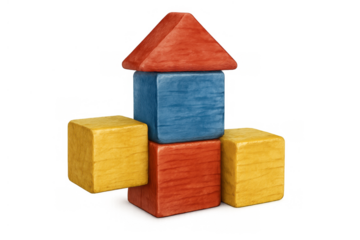 Colorful wooden toy building blocks forming house structure representing childhood play and development on transparent background