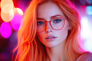 Fototapeta premium A close-up portrait of a woman with vibrant red hair and glasses, illuminated by colorful bokeh lights, exuding confidence and style.