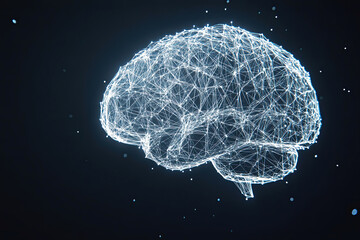 A digital representation of a brain made of interconnected lines and nodes, symbolizing neural networks and cognitive processes against a dark background.