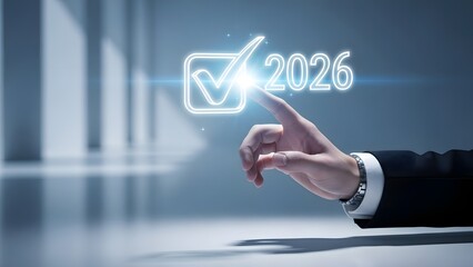 Hand checking off the year 2026 with a glowing checkmark