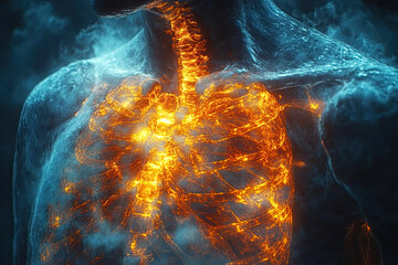 A glowing, skeletal representation of a human torso, highlighting the spine and ribcage with fiery, luminous elements amidst a dark background.