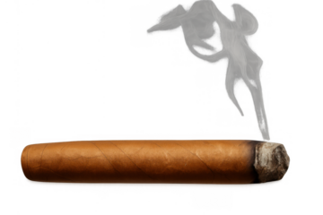 Lit cigar burning with light smoke rising, depicting luxury, relaxation, and a premium tobacco experience, transparent background