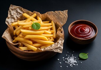 Delicious golden french fries served with a side of ketchup and salt on a dark background
