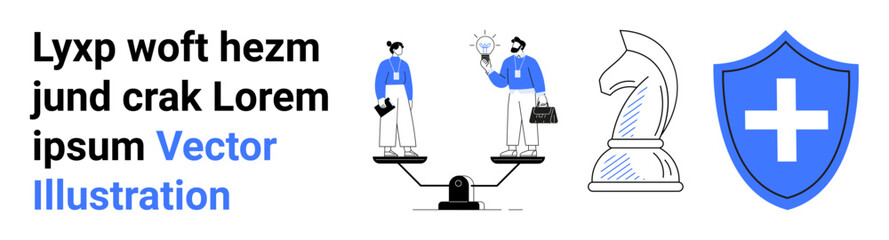 Fototapeta premium Strategy, teamwork, business analysis, decision-making, protection, leadership. Two people on a balanced scale, chess knight shield icon with cross. Strategy and teamwork concepts