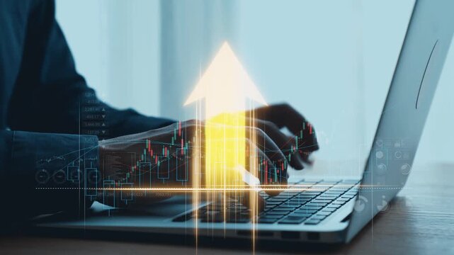 A person types on a laptop, actively engaging in data analysis. Upward trends in graphs and arrows highlight financial growth and investment success in a modern workspace. Qubit