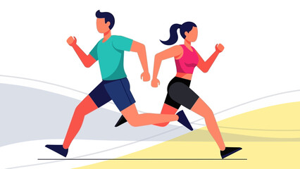 Energetic illustration of a man and woman running together, symbolizing fitness and active lifestyle
