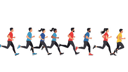 Diverse group of people running together in a dynamic composition, symbolizing fitness and movement