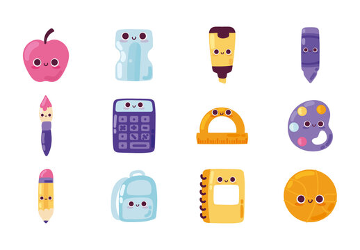 Colorful Kawaii School Supplies Cute Stationery Illustrations Set