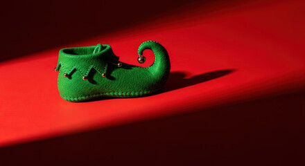 Green felt elf shoe with curled toe and gold bell on vibrant red surface for festive holiday composition
