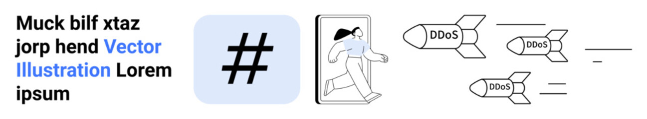 Obraz premium Person escaping through door from DDoS threats represented as missiles. Ideal for cybersecurity, technology systems, data protection, risk management, network safety, IT solutions, simple landing