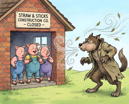 Three Little Pigs and the Wolf, Straw & Sticks Construction Co., Fairy Tale Illustration