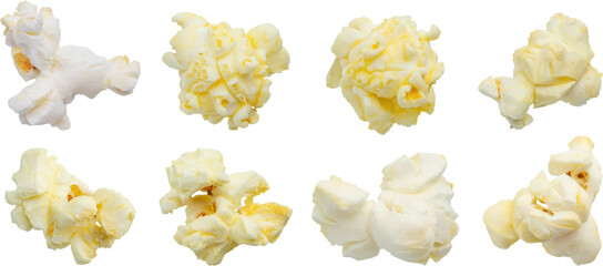 Tasty popcorn close up set isolated on white background