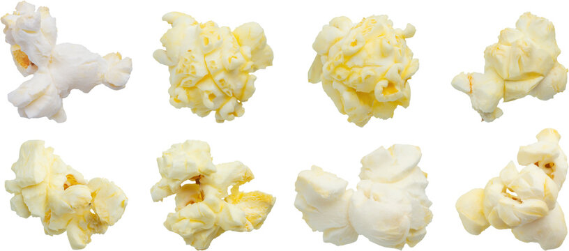 Tasty popcorn close up set isolated on white background