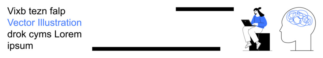 Productivity, remote work, cognitive science, brainstorming, technology, education. A woman working on a laptop near a head silhouette with neural connections. Remote work and cognitive science