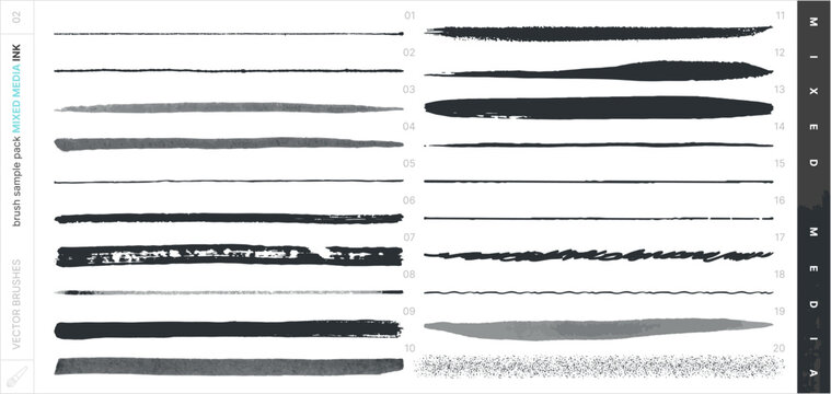 Vector Brushes. Mixed Media Sampler Set. Ink.