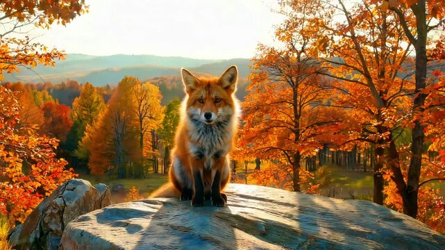 Majestic red fox sits calmly atop a sunlit rock overlooking a vibrant autumn forest landscape with rolling hills in the background