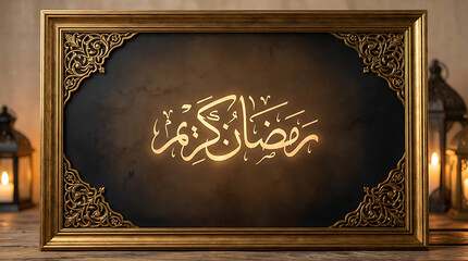 Ramadan Kareem calligraphy in an ornate golden frame glowing warmly in a festive setting.